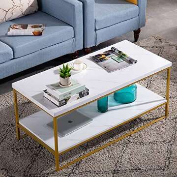 Bonnlo Faux Marble Gold Coffee Table, 41.7" Marble Coffee Table White and Gold Coffee Table Marble Top Coffee Table White Marble Coffee Table with Storage for Living Room Rectangular Coffee Table