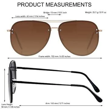 ANDWOOD Oversized Aviator Sunglasses for Women Men Big Large Rimless Metal Frame with Spring Hinges Sun glasses Brown Shades