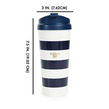 kate spade new york Insulated Thermal Travel Mug Tumbler, 16 Ounces, Navy Stripe (Bee)
