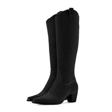 Stylish Suede Chunky Block Heel Cowboy Knee High Riding Boots