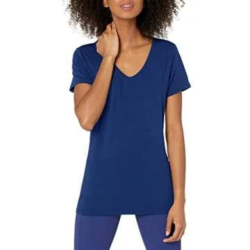 Amazon Essentials Women's Tech Stretch Short-Sleeve V-Neck T-Shirt (Available in Plus Size), Pack of 2, Coral Orange/Navy, Large