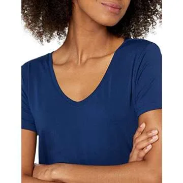 Amazon Essentials Women's Tech Stretch Short-Sleeve V-Neck T-Shirt (Available in Plus Size), Pack of 2, Coral Orange/Navy, Large