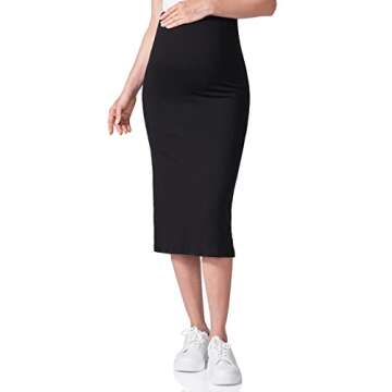 POSHDIVAH Women's Maternity Skirt Over The Belly Midi High Waisted Solid Stretchy Pregnancy Pencil Skirt Black Small