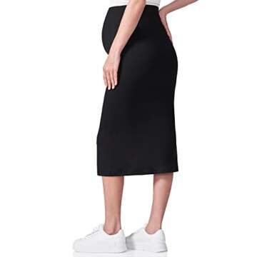 POSHDIVAH Women's Maternity Skirt Over The Belly Midi High Waisted Solid Stretchy Pregnancy Pencil Skirt Black Small