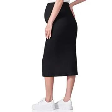 POSHDIVAH Women's Maternity Skirt Over The Belly Midi High Waisted Solid Stretchy Pregnancy Pencil Skirt Black Small