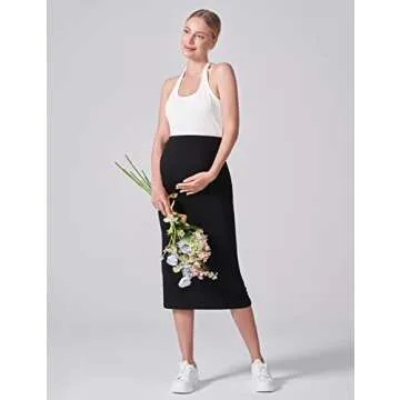 POSHDIVAH Women's Maternity Skirt Over The Belly Midi High Waisted Solid Stretchy Pregnancy Pencil Skirt Black Small