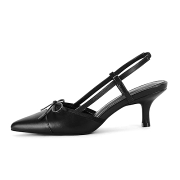 Coutgo Women‘s Bow Tie Slingback Pumps Pointed Toe Kitten Low Heel Patchwork Dress Heeled Sandals