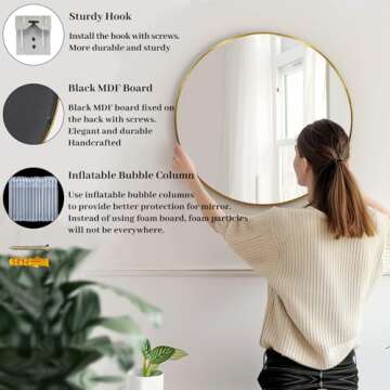 Sunniry Round Mirror 18 inch, Gold Round Mirror, Gold Metal Frame, Gold Mirrors for Wall, Bathroom, Bedroom, Vanity, Hallway.
