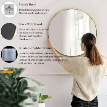 Sunniry Round Mirror 18 inch, Gold Round Mirror, Gold Metal Frame, Gold Mirrors for Wall, Bathroom, Bedroom, Vanity, Hallway.