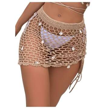 SHENHE Women's Sheer Crochet Hollow Out Shell Swimwear Swimsuit Cover Up Beach Skirt Khaki S