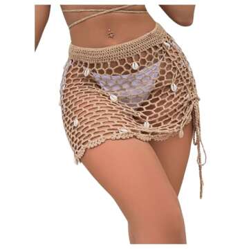 SHENHE Women's Sheer Crochet Hollow Out Shell Swimwear Swimsuit Cover Up Beach Skirt Khaki S