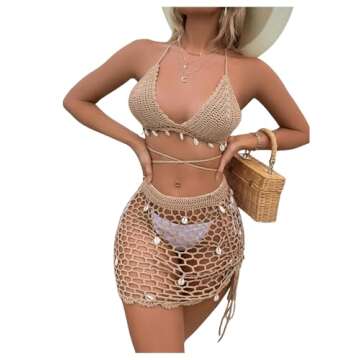 SHENHE Women's Sheer Crochet Hollow Out Shell Swimwear Swimsuit Cover Up Beach Skirt Khaki S
