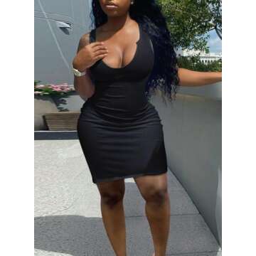 ABKY Skim Dupes Dress for Women Sexy Summer V Neck Sleeveless Ribbed Club Bodycon Mini Tank Dresses Black 2XL