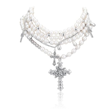 Layered Pearl Necklace Chunky Gothic Cross Jewelry for Women