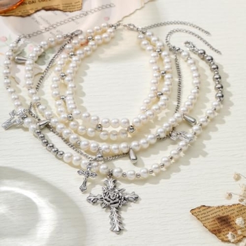 Gothic Pearl Cross Statement Necklace for Layering Style