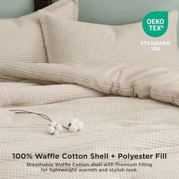Bedsure Waffle Comforter Set Queen, Beige Soft Cotton Bedding, Waffle Weave Bed Set, 3 Pieces, 1 Comforter (90"x90") and 2 Pillow Shams, Premium Cotton Cover with Polyester Fill for All Seasons