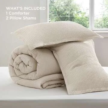 Bedsure Waffle Comforter Set Queen, Beige Soft Cotton Bedding, Waffle Weave Bed Set, 3 Pieces, 1 Comforter (90"x90") and 2 Pillow Shams, Premium Cotton Cover with Polyester Fill for All Seasons