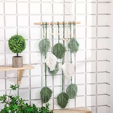 Oudain Large Macrame Wall Hanging Leaves Boho Green Leaf Macrame Tapestry Wall Decor Leaf Feather Handmade Woven Hanging Wall Art Bohemian Decoration for Bedroom Living Room Nursery 16.5 x 35.4 Inch(Green)