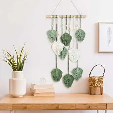 Oudain Large Macrame Wall Hanging Leaves Boho Green Leaf Macrame Tapestry Wall Decor Leaf Feather Handmade Woven Hanging Wall Art Bohemian Decoration for Bedroom Living Room Nursery 16.5 x 35.4 Inch(Green)