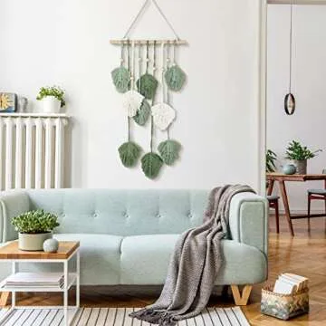 Oudain Large Macrame Wall Hanging Leaves Boho Green Leaf Macrame Tapestry Wall Decor Leaf Feather Handmade Woven Hanging Wall Art Bohemian Decoration for Bedroom Living Room Nursery 16.5 x 35.4 Inch(Green)
