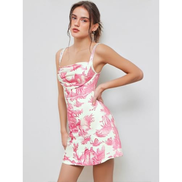 CIDER Pink Toile de Jouy Ruched Mini Dress for Women