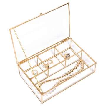 Home Details Vintage Mirrored Bottom Glass Keepsake Jewelry Organizer, Decorative Accent, Vanity, Wedding Bridal Party Gift, Candy Table Décor Jars & Boxes, 4 Compartment, Gold