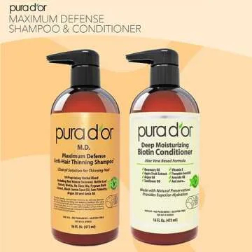PURA D'OR MD Anti-Thinning Biotin Shampoo & Conditioner Set (16oz x2) Maximum Defense Coal-Tar Strong Scented DHT Blocker Hair Thickening Products For Women & Men, Daily Shampoo For Scalp Health