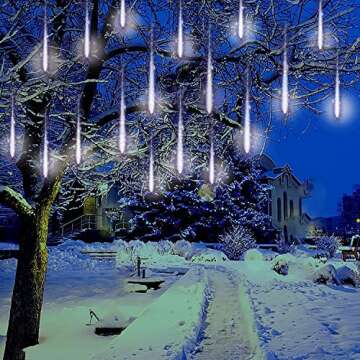 Kordain Christmas Lights Outdoor, Meteor Shower Lights Falling Star Lights 12 inch 8 Tubes 144 LED Icicle Snow Falling Lights Raindrop Lights for Xmas Tree Halloween Holiday Party Decoration, UL Plug, White