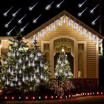 Kordain Christmas Lights Outdoor, Meteor Shower Lights Falling Star Lights 12 inch 8 Tubes 144 LED Icicle Snow Falling Lights Raindrop Lights for Xmas Tree Halloween Holiday Party Decoration, UL Plug, White