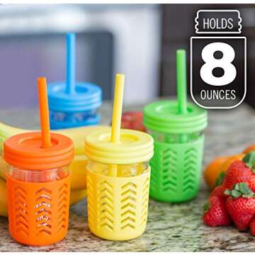 JumpinJars Toddler Cups/Kids Cups 4 Kids Mason Jar Cups with Straw (x8), 8x Lids, 4x Jackets, 2x Straw Cleaners! Kids Tumbler with Straw – 8oz Kid Drinking Glass
