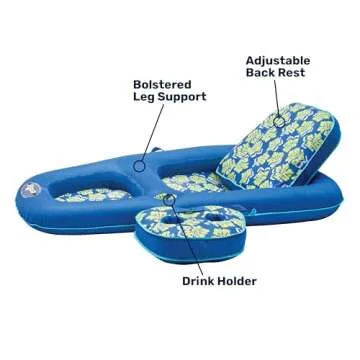 Aqua Campania Ultimate 2-in-1 Pool Float Lounge – Extra Large – Inflatable Pool Floats for Adults with Adjustable Backrest & Cupholder Caddy – Royal/Lime Hibiscus