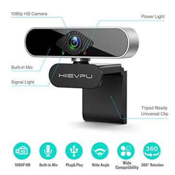 Hiievpu Webcam with Microphone for PC, 1080p Webcam 1 Step USB Plug & Play, Wide-Angle Webcam Suitab...