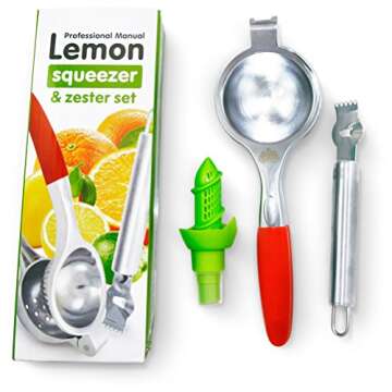 Aprika Zester Peeler and Lemon Spritzer Manual Juicer Citrus Press, Extra Large, Silicone Handles, Heavy Duty
