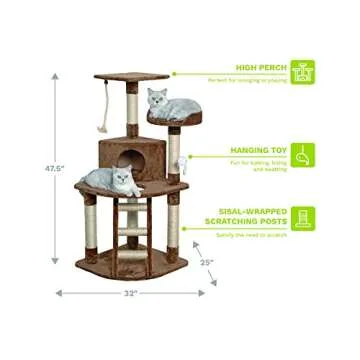 Go Pet Club 48" Corner Cat Tree Kitty Condo Kitten Tower Furniture with Multiple Scratching Posts, Sisal Covered Ladder, Plush Condo Platform, and Hanging Toy for Indoor Cats, Brown