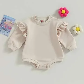 YOKJZJD Newborn Infant Baby Girl Outfits Ruffle Bubble Romper Sweatshirt Long Sleeve Bodysuit T-Shirt Fall Clothes (Apricot, 0-3 Months)