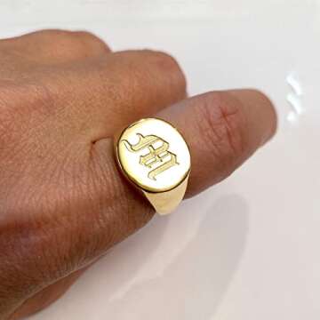 Elefezar Personalized Old English Initial Ring - Custom Letter Signet Ring for Women (Gold)