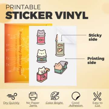 HTVRONT Printable Vinyl Sticker Paper, 100 Sheets Matte Waterproof Sticker Paper For Inkjet Printer Dries Quickly-Standard Letter Size 8.5"X11"(100 g)