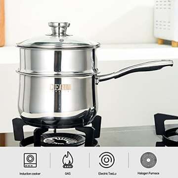 Stainless Steel Saucepan,DERUI CREATION 2.5 QT Food Grade 304 Stainless Steel Soup Pot and Steamer Basket,Cooking Pot with Lid(18cm（2.5QT）, Silver)