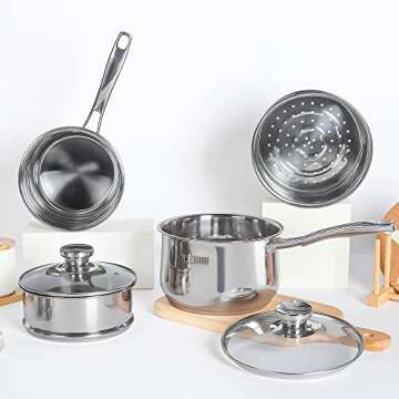 Stainless Steel Saucepan,DERUI CREATION 2.5 QT Food Grade 304 Stainless Steel Soup Pot and Steamer Basket,Cooking Pot with Lid(18cm（2.5QT）, Silver)