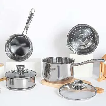 Stainless Steel Saucepan,DERUI CREATION 2.5 QT Food Grade 304 Stainless Steel Soup Pot and Steamer Basket,Cooking Pot with Lid(18cm（2.5QT）, Silver)