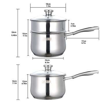 Stainless Steel Saucepan,DERUI CREATION 2.5 QT Food Grade 304 Stainless Steel Soup Pot and Steamer Basket,Cooking Pot with Lid(18cm（2.5QT）, Silver)