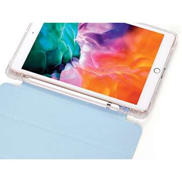 SIWENGDE Compatible for iPad 9/8/7 Generation Case (2021/2020/2019) with Pencil Holder, iPad 10.2 Inch Soft TPU Translucent Frosted Back Cover Slim Smart Trifold Stand Protective Cases(Light Blue)