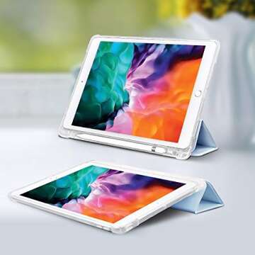 SIWENGDE Compatible for iPad 9/8/7 Generation Case (2021/2020/2019) with Pencil Holder, iPad 10.2 Inch Soft TPU Translucent Frosted Back Cover Slim Smart Trifold Stand Protective Cases(Light Blue)