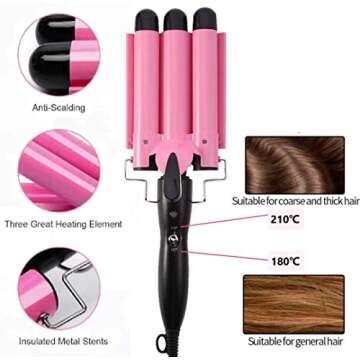 MODVICA 3 Barrel Curling Iron Wand 26mm Hair Waver Temperature Adjustable Ceramic Hair Curling Iron (Pink)
