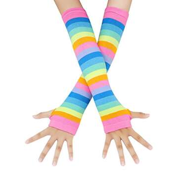 Bienvenu Rainbow Stripe Fingerless Gloves Arm Warmer Knee Thigh High Socks,Multicoloured