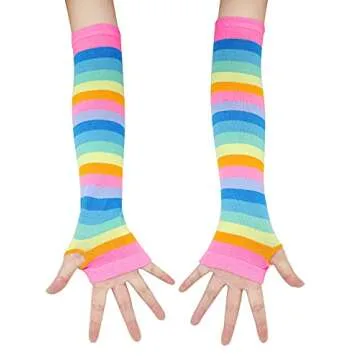 Bienvenu Rainbow Stripe Fingerless Gloves Arm Warmer Knee Thigh High Socks,Multicoloured