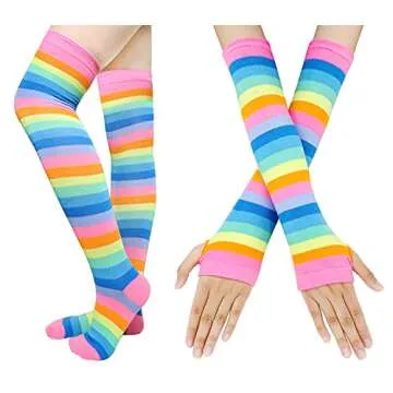 Bienvenu Rainbow Stripe Fingerless Gloves Arm Warmer Knee Thigh High Socks,Multicoloured