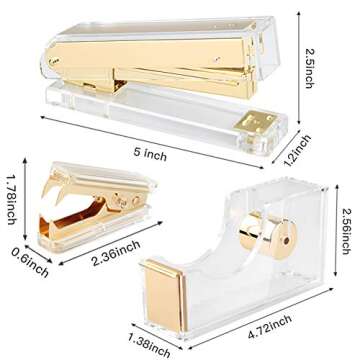 Gold Acrylic Stapler Set Desk Accessory & Decoration Kit for Gift, Clear Stapler with 1000 Pcs Stapl...