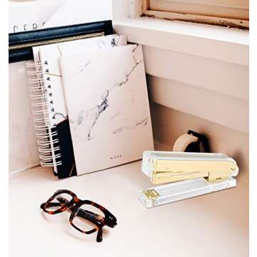 Gold Acrylic Stapler Set Desk Accessory & Decoration Kit for Gift, Clear Stapler with 1000 Pcs Staples and Staple Remover, Tape Dispenser, Gold Stapler Bundle Office Supplies Set