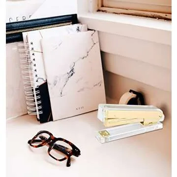 Gold Acrylic Stapler Set Desk Accessory & Decoration Kit for Gift, Clear Stapler with 1000 Pcs Staples and Staple Remover, Tape Dispenser, Gold Stapler Bundle Office Supplies Set